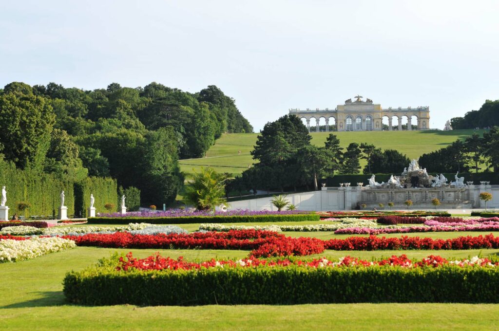 VIENNA, AUSTRIA - JULY 8, 2011: Architecture of Gloriette, part of the architectural complex at Schonbrunn, Vienna (Austria) surrounded by beautiful gardens