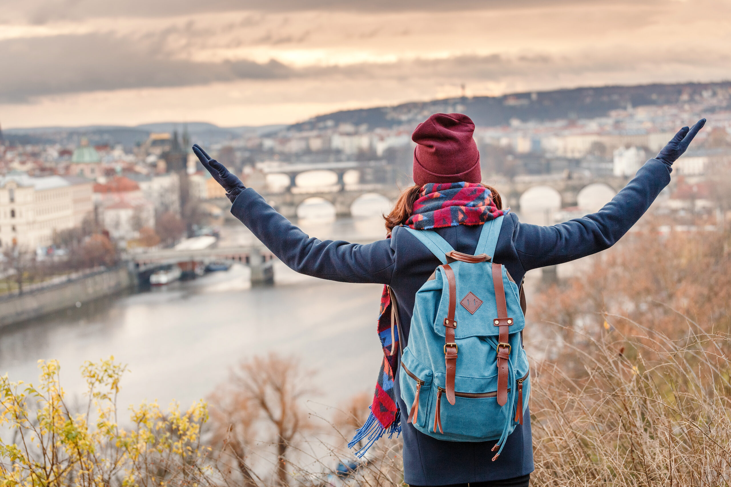 Woman,Tourist,In,A,Coat,With,A,Backpack,Travels,In Winter Sale